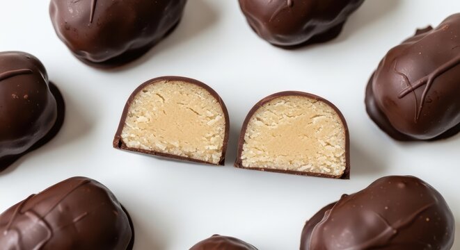 Homemade chocolatecovered marzipan candies, one cut in half to show the almond paste filling, isolated on white background