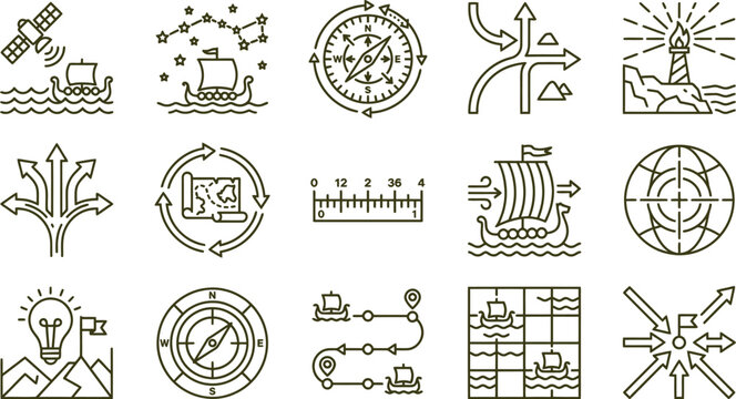 Flat monoline icon set Leif Erikson Day navigation system ocean star chart compass error correction dial route optimization arrow voyage signal