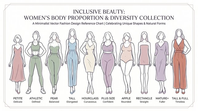 Minimalist Collection of Women Body Type Silhouettes and Inclusive Beauty Fashion Chart