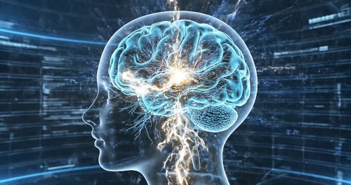 Human brain illuminated with electric energy, showcasing neural connections in a futuristic setting