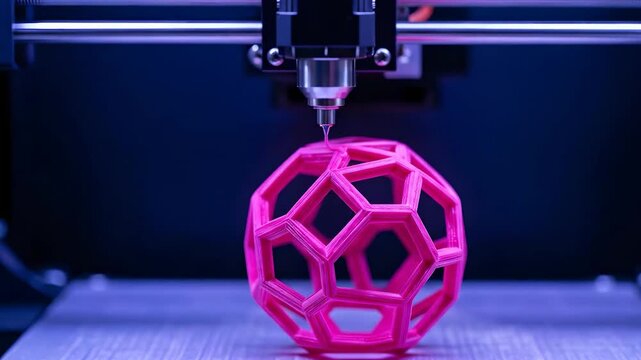 A 3D printer that prints a pink object of complex shape, similar to a ball. The printer head moves over the object, applying layers of material. The background is dark, with blue lighting coming from 