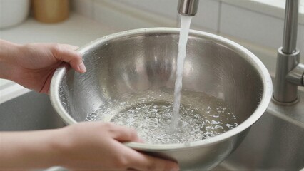 Fototapeta premium Hands fill a metal bowl with running water from a kitchen faucet.
