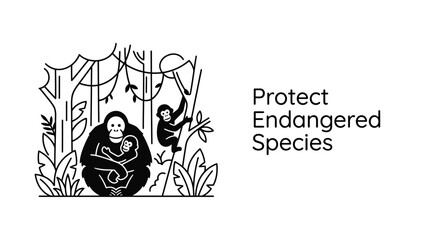 Black and white line art illustration of an orangutan mother with her baby in the rainforest. © Jau
