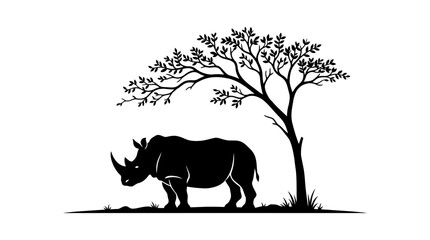 Black silhouette of a rhinoceros standing under an acacia tree. © Jau