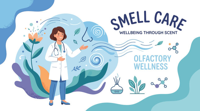 Medical illustration of a doctor promoting smell care and olfactory wellness.