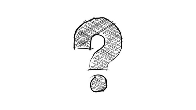 Scribble question mark animation with a hand drawn sketch texture in black on a light background, symbolizing curiosity, inquiry, uncertainty, and FAQ interface design.