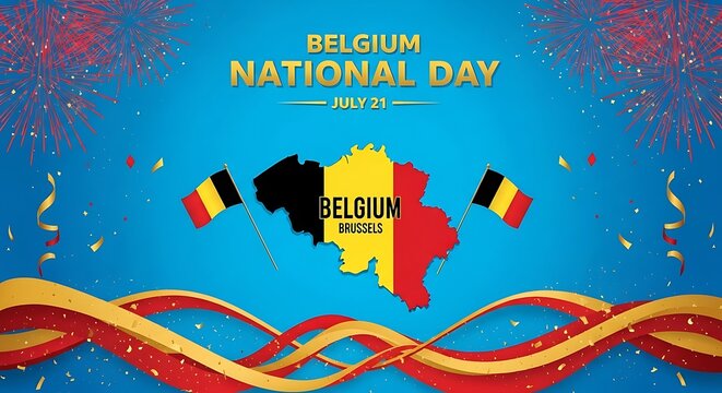 Belgium national day july 21 celebration with flags and fireworks