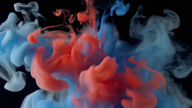 Vibrant slow motion blue and red ink mixing in water creating mesmerizing fluid abstract patterns against a dark background, symbolizing conflict