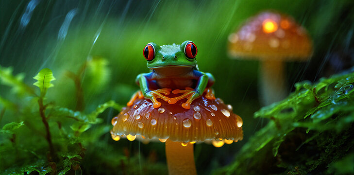 Red eyed tree frog resting on mushroom in rain with amphibian, mushroom