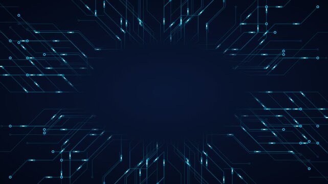 Microchip circuit board technology data flow negative space blue background loop.