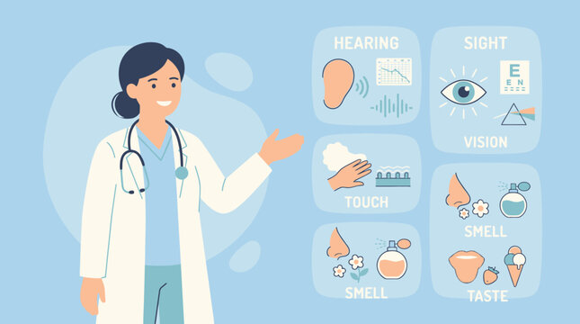 Medical illustration of human senses, doctor points, health concept.