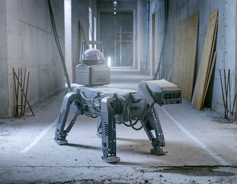 Autonomous quadrupedal robot dog scanning industrial building interior for construction inspection