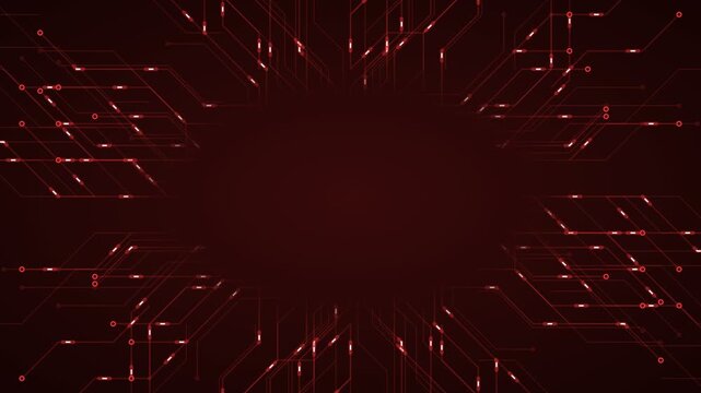 Microchip circuit board technology data flow negative space red background loop.