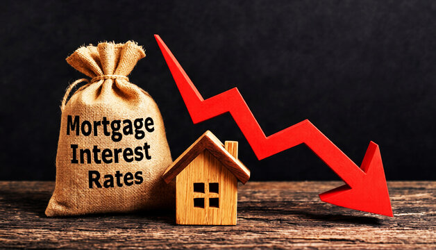 Mortgage Interest Rates Decrease Concept with Falling Financial Arrow and Wooden House Investment Background