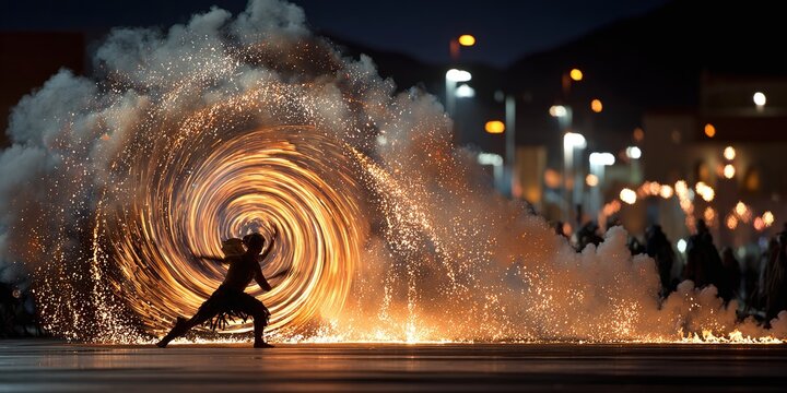 Person dancing in front of swirling fire display at night in city