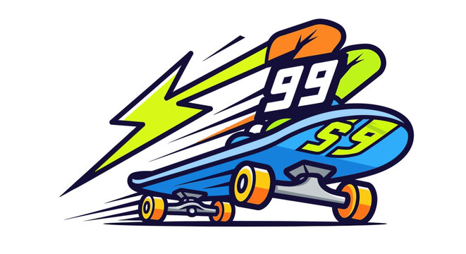 Dynamic Skateboard Design with Lightning Bolt and Number 99