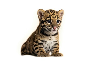 Obraz premium Captivating portrait of a precious clouded leopard cub showcasing its distinctive markings and soulful blue eyes, posing calmly while seated, evoking a sense of wonder and the wildness of nature