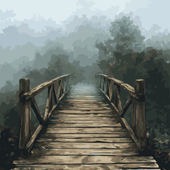 Obraz premium A serene wooden bridge enveloped in fog, leading into a mysterious forest, perfect for tranquil nature imagery.