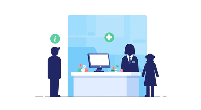 Pharmacy counter with pharmacist, patients, computer, and medicine.