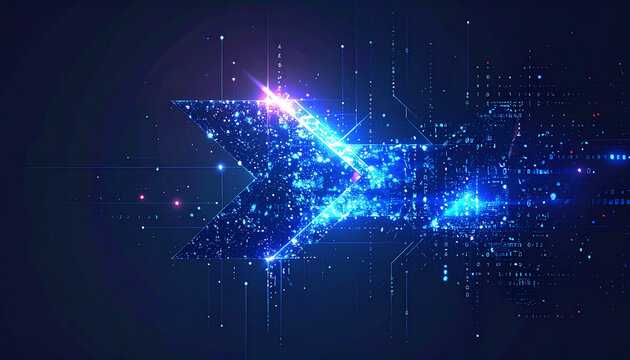 Glowing blue star with neon lights and circuit boards