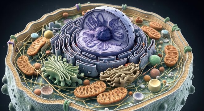 Cell, an intricate biological unit revealing its central nucleus, surrounding endoplasmic reticulum, energy generating mitochondrion, golgi complex, and protective membrane.