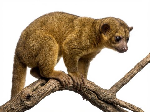 A curious kinkajou, a nocturnal mammal known for its prehensile tail and fruity diet, carefully perches on a weathered tree branch, its expressive eyes scanning its surroundings with quiet