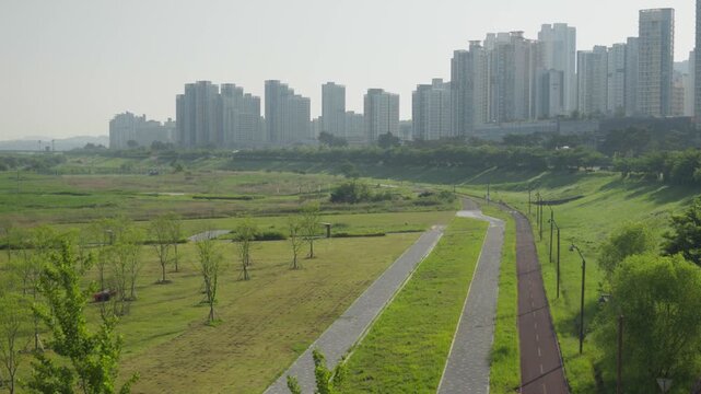 High Angle Shot of Riverside Park and Bike Path in Sejong City, South Korea