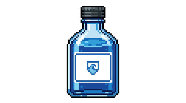 Pixel Art Blue Potion Bottle with Label.