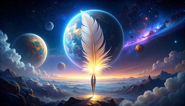 Fantasy Cosmic Landscape with Feather and Planets in Space