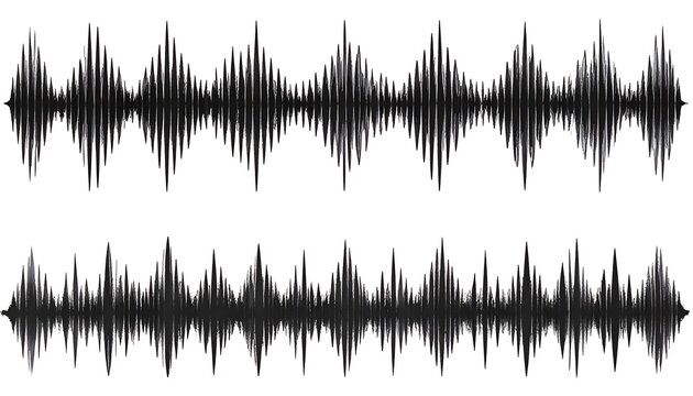 Black graphic depicting two distinct audio waveforms, a top one organized and rhythmic and a bottom one erratic