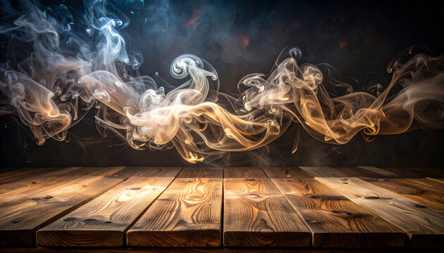 Smoke swirling above wooden table in dark room