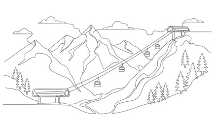 Continuous line art illustration of a mountain ski resort with a chairlift system. © anindya