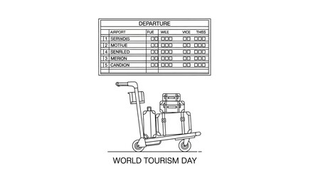 Line art illustration of a luggage trolley at an airport departure board for World Tourism Day. © anindya