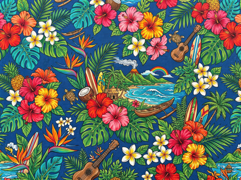 A colorful Hawaiian pattern features hibiscus flowers green leaves plumeria surfboards pineapples turtles volcano palm trees ocean canoes and guitars on a blue background