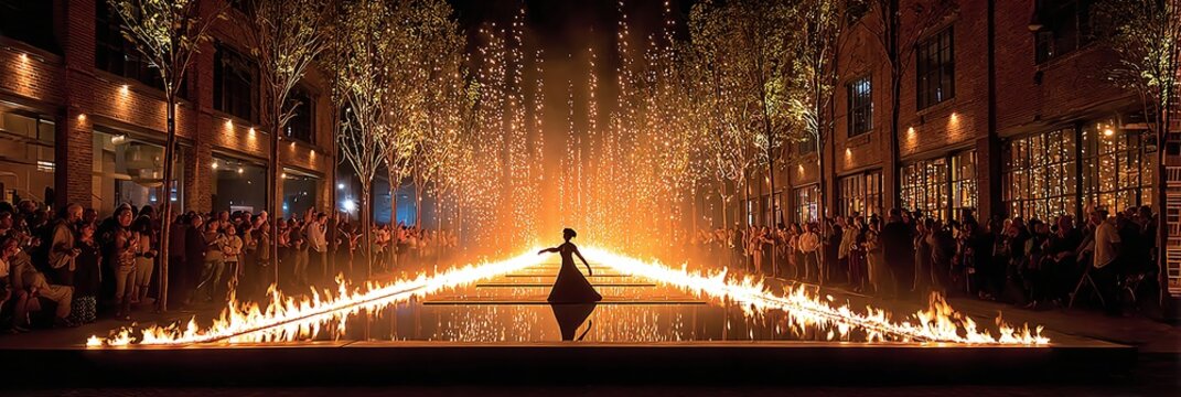 Person performs fire dance surrounded by flames in city square at night
