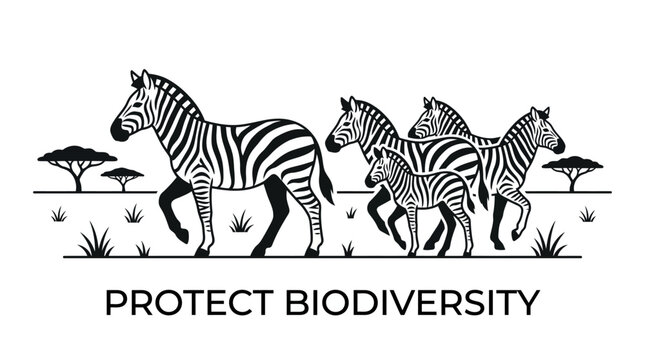 Illustration of a herd of zebras with baby zebra in the African savanna.