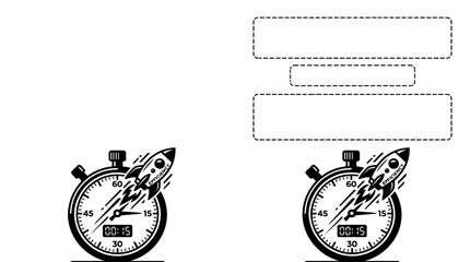 Black and white line art illustration of a rocket ship launching from a stopwatch timer. © anindya