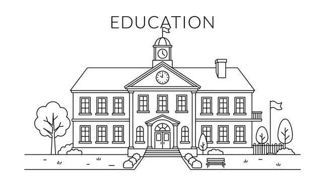 Line art illustration of a traditional school building.