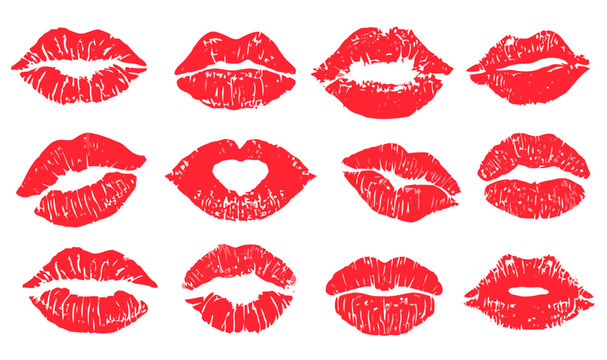 Set of Red Lipstick Kiss Marks on White Background