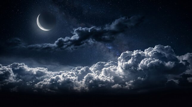 Title: Crescent Moon Above Illuminated Clouds &ndash; Starry Night Sky

