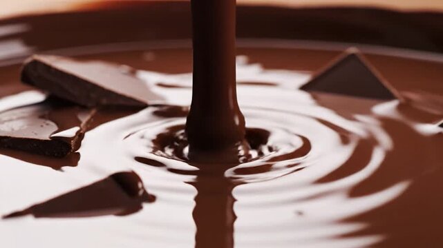 Melted dark chocolate stream pouring into a smooth liquid pool with ripples and broken chocolate bar pieces