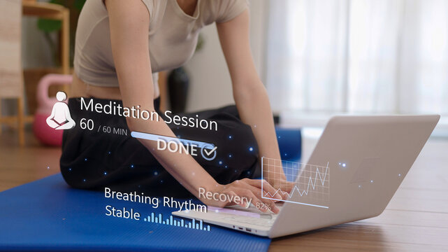 Asian women using laptop computer meditation session app virtual interface wellness technology tracking breathing rhythm recovery digital overlay yoga mat home