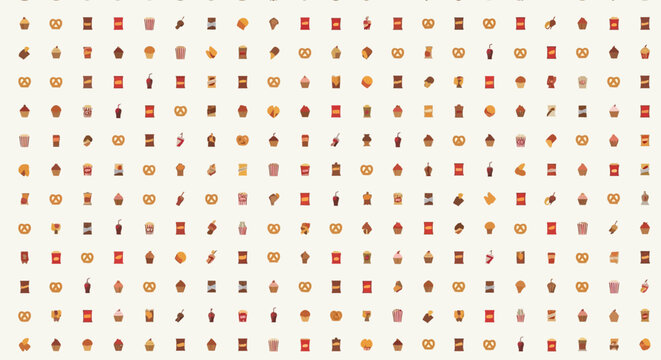 A Grid of Various Food and Drink Emojis, Featuring Snacks, Fast Food, and Beverages