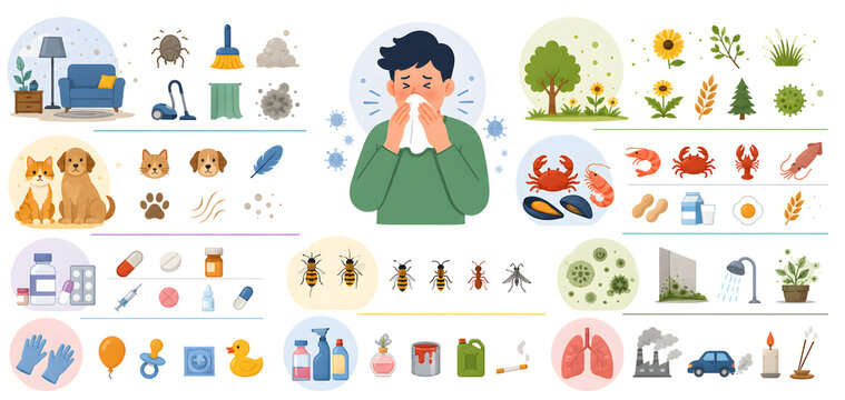 Various Allergy Triggers and Common Allergens Medical Vector Icon Set