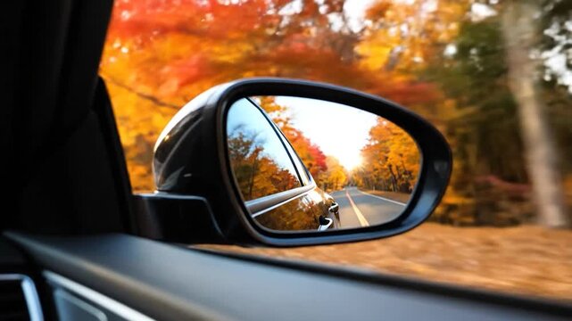 Autumn road reflected in car side view mirror.