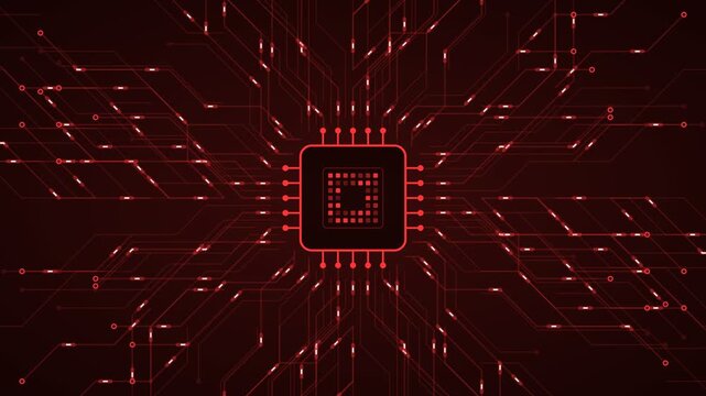 Microchip circuit board technology data flow negative space red background loop.