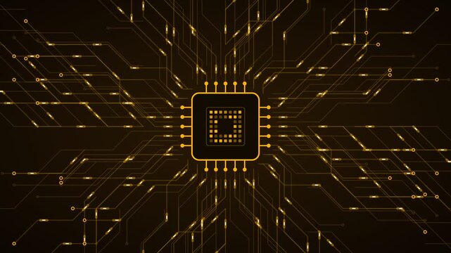 Microchip circuit board technology data flow negative space gold background loop.