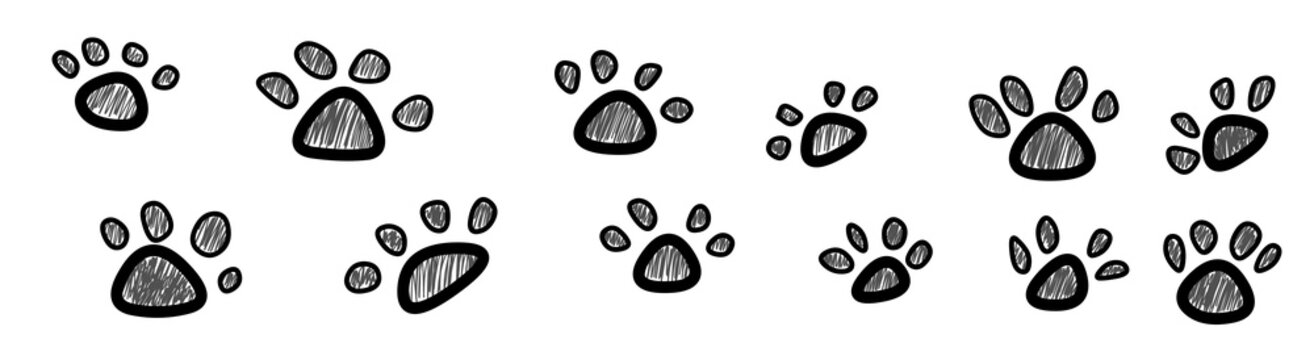 Hand drawn animal paw prints pattern on white background. Set of scribble dog or cat footprint illustrations.