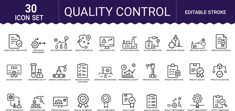 Quality control line icons editable stroke compliance verification and continuous improvement process.