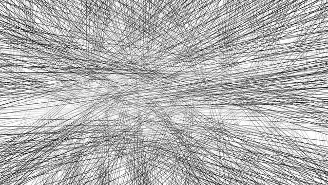 Abstract monochrome background with dense tangled straight lines texture. Chaotic scratch effect for dark grunge and architectural design concepts.
